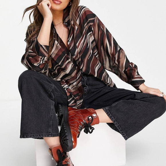 Stradivarius printed shirt in brown stripe size XL - Picture 7 of 7